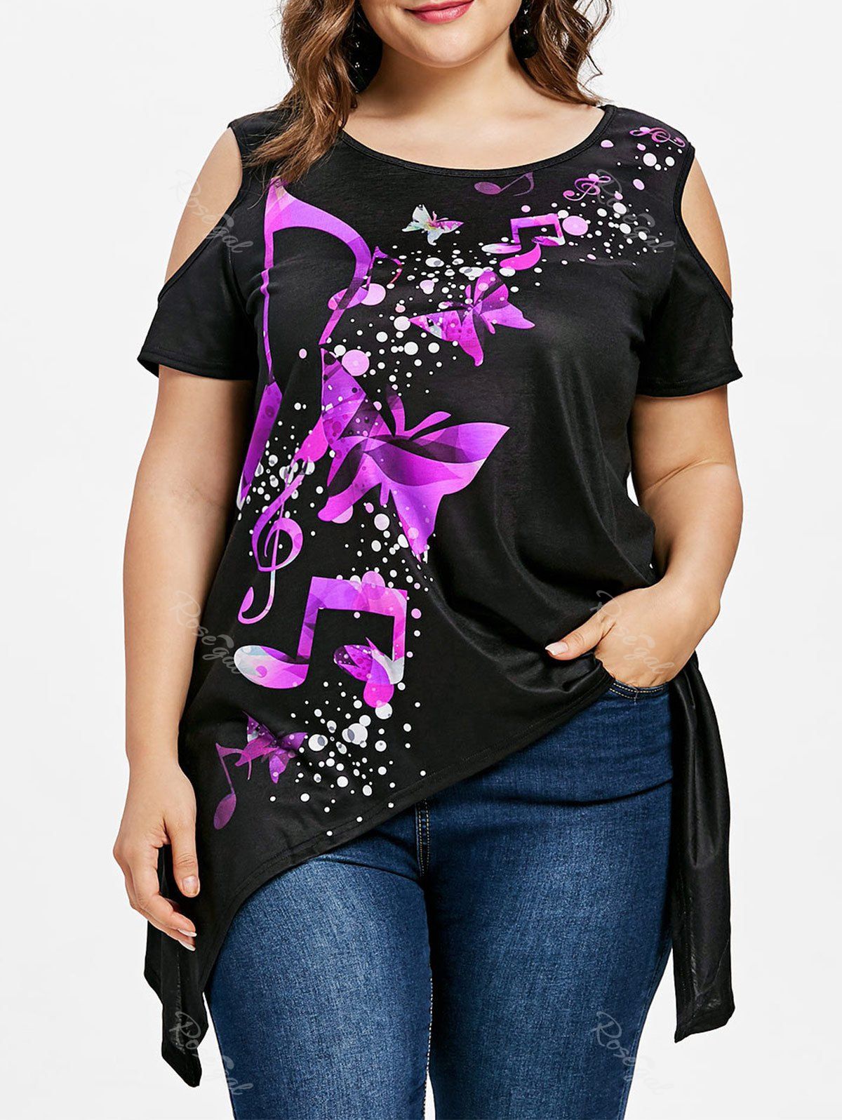 

Plus Size Open Shoulder Music Note T-shirt, Purple