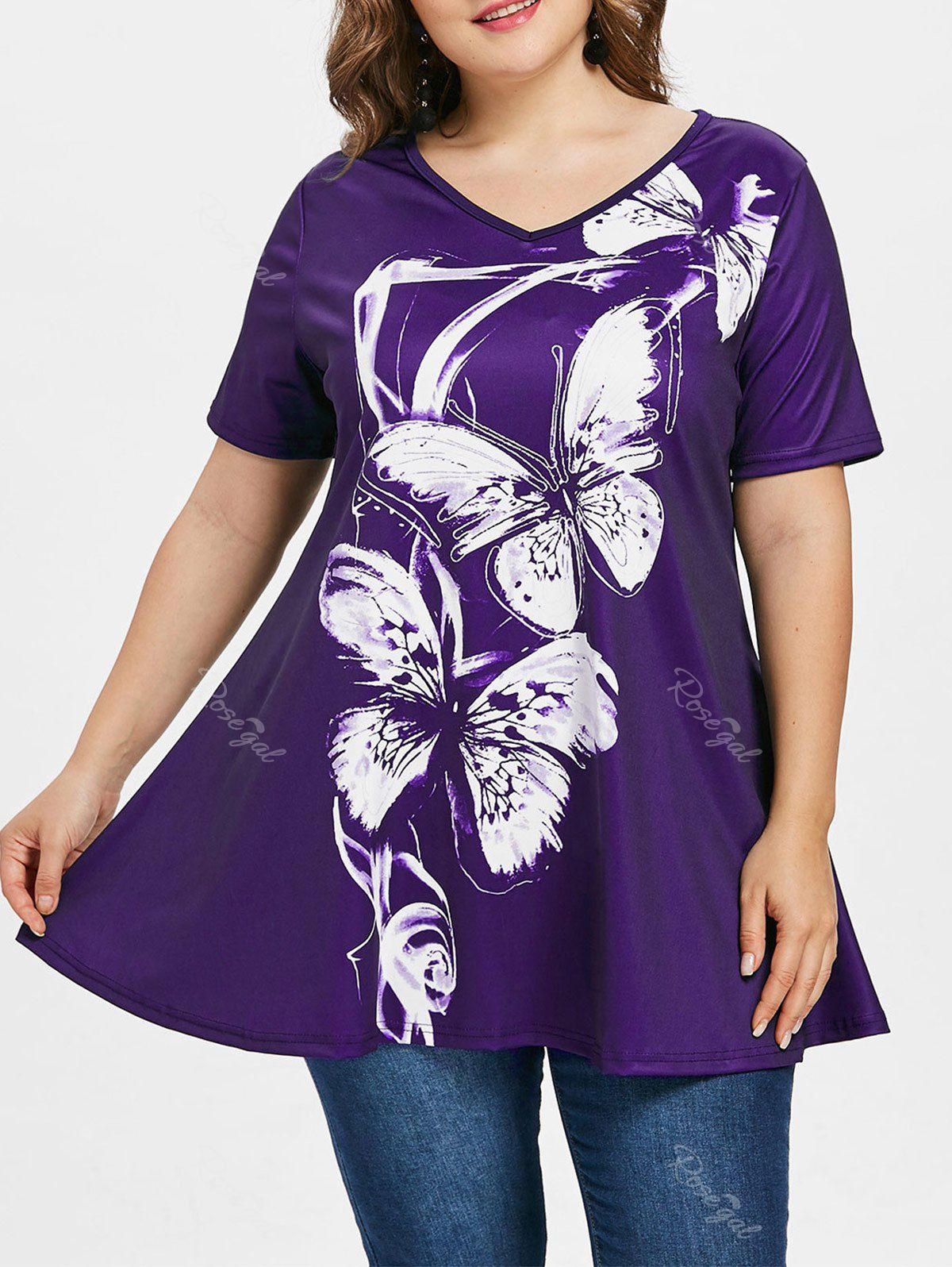 

Butterfly Print Plus Size V Neck T-shirt, Purple iris