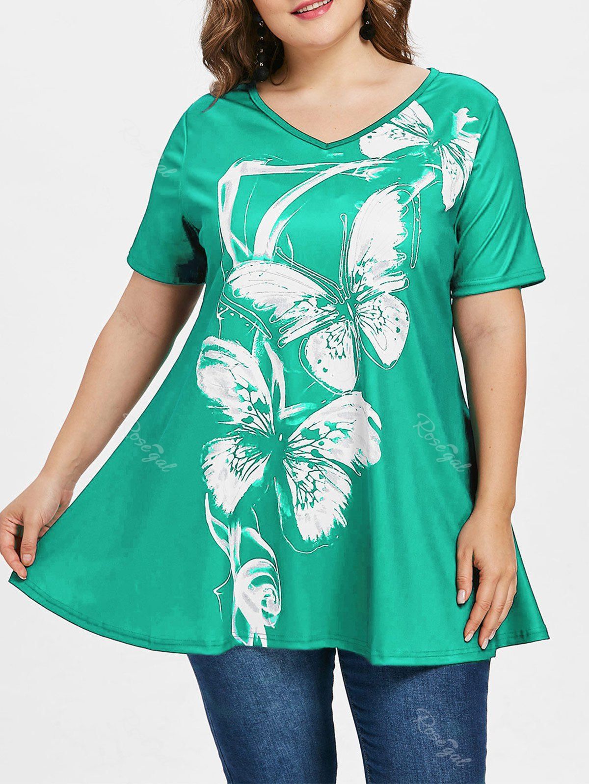 

Butterfly Print Plus Size V Neck T-shirt, Light sea green