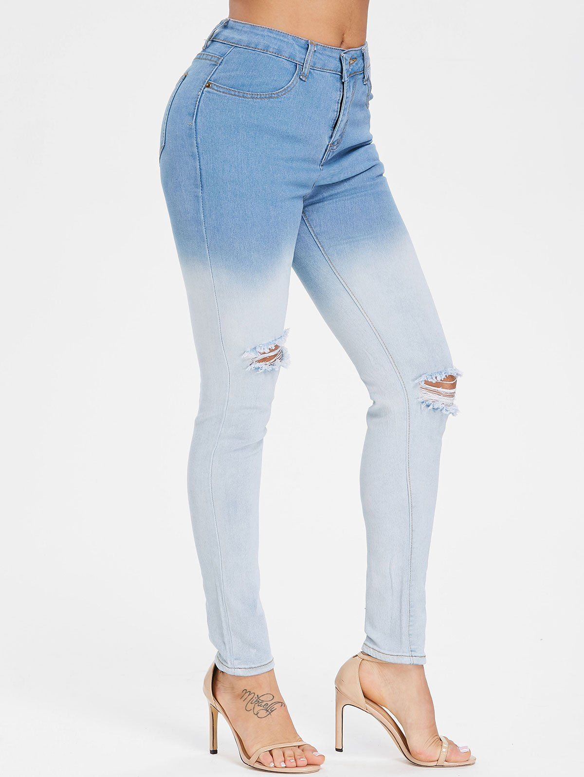 

High Waisted Ombre Distressed Jeans, Light sky blue