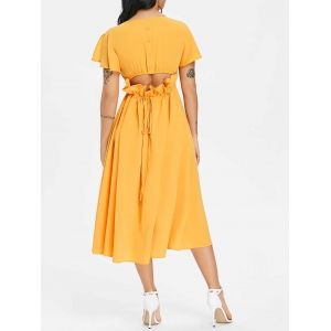 

Button Drawstring Cut Out Chiffon Midi Dress, School bus yellow