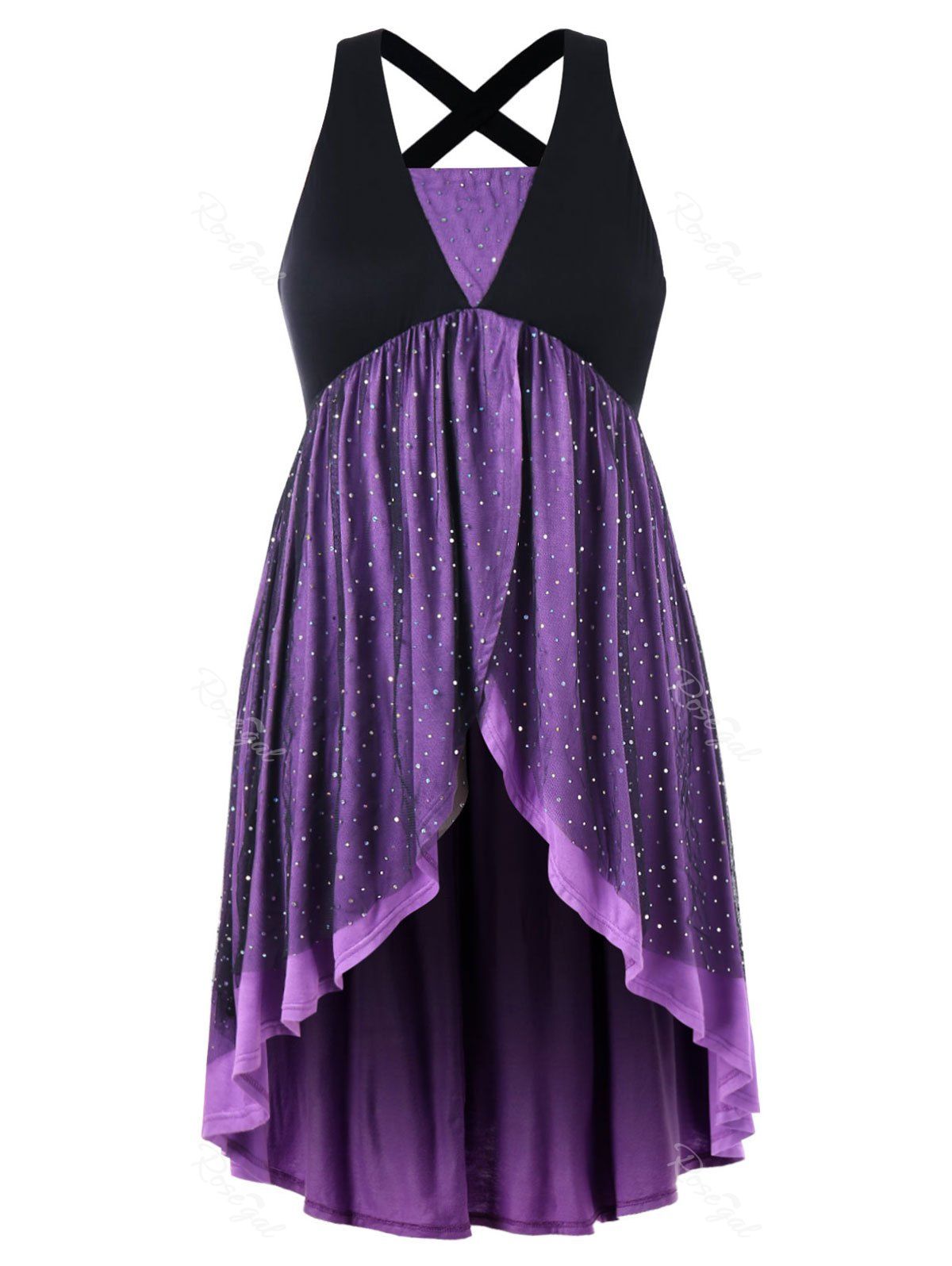 

Plus Size Glittery Overlap Sleeveless Dress, Purple