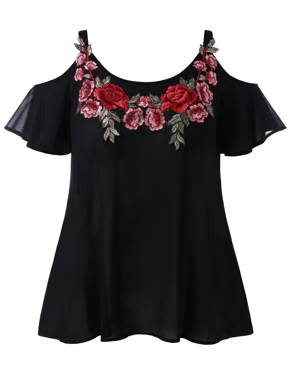 

Plus Size Cold Shoulder Embroidered Blouse, Black