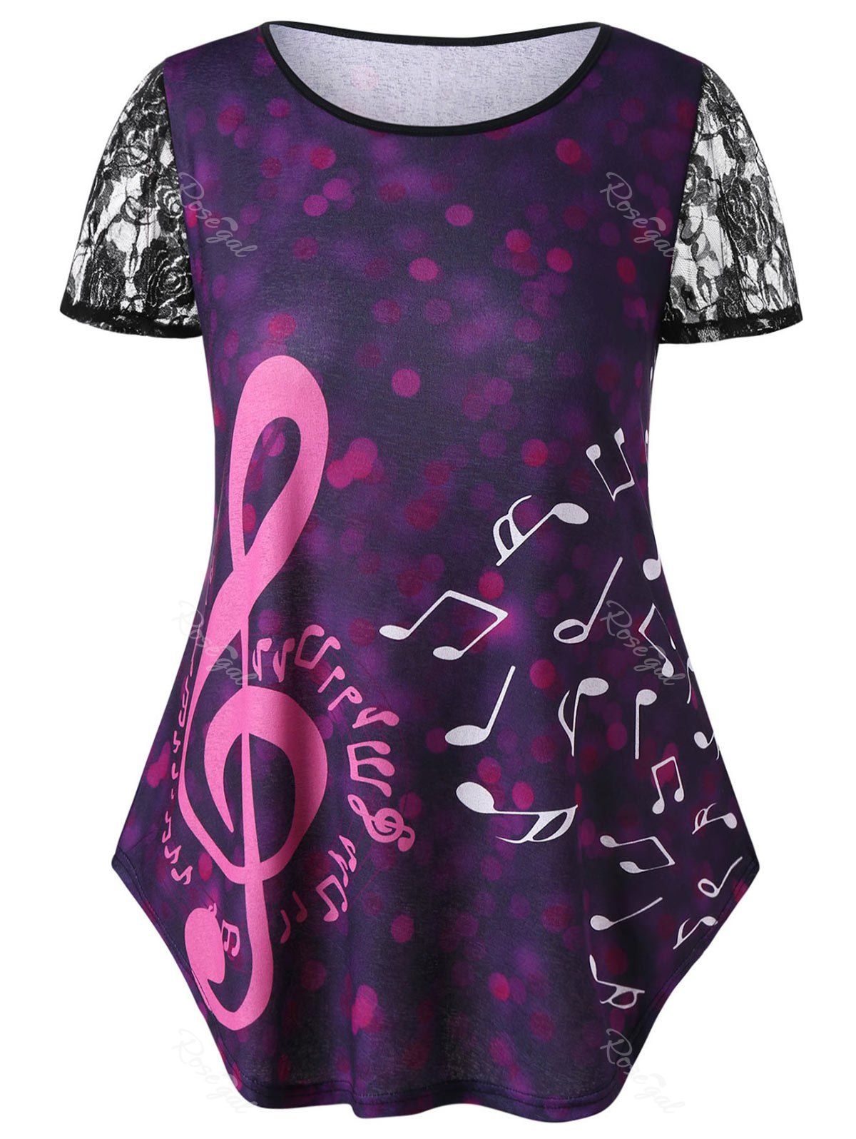 

Lace Sleeve Plus Size Music Note Print T-shirt, Purple iris
