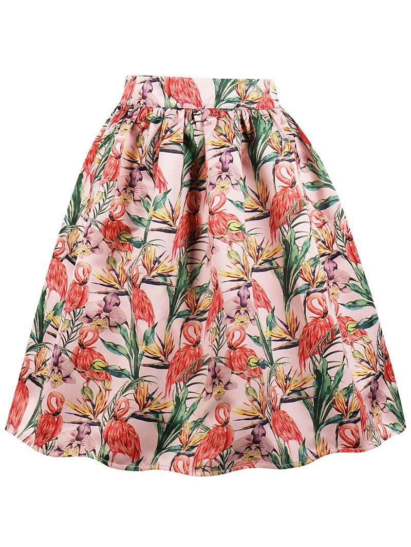 

High Waist Crane Print Midi A Line Skirt, Light coral