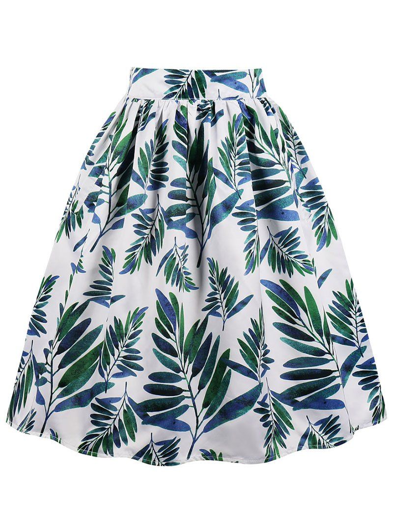 

Leaves Print Midi A Line Skirt, White