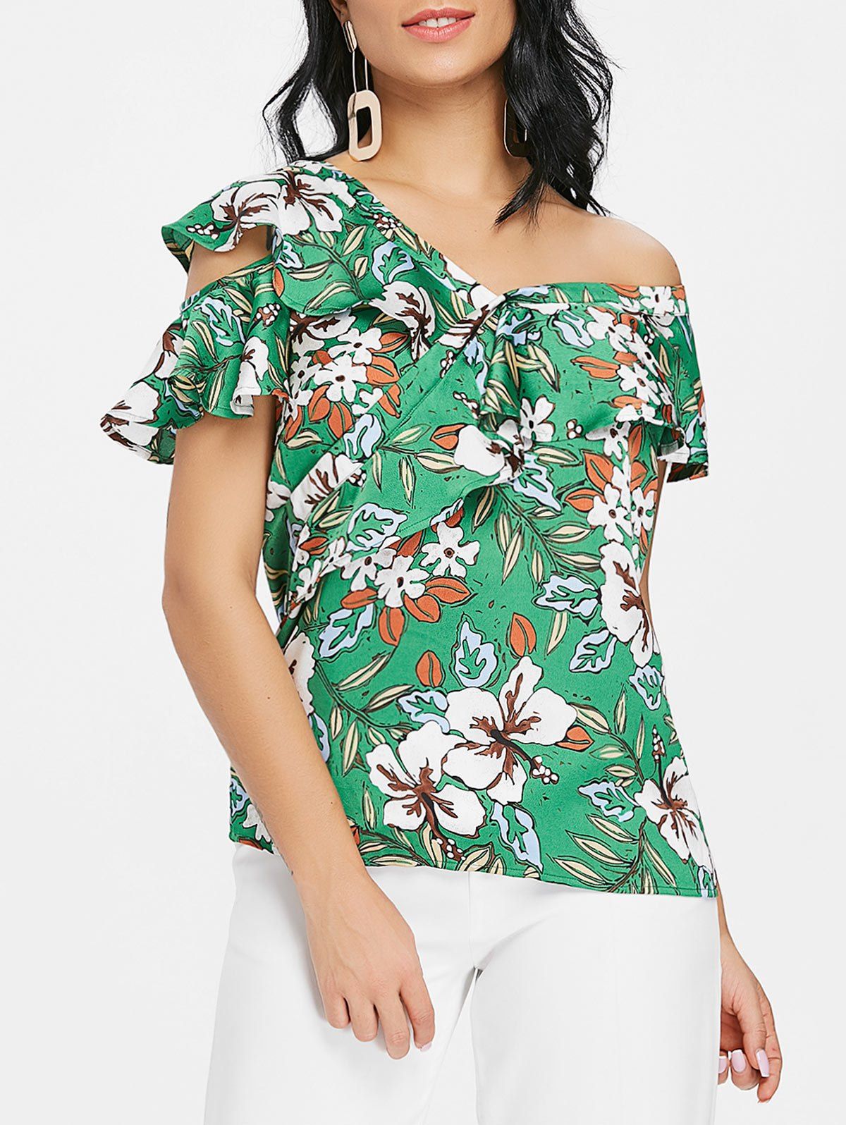

Ruffle Skew Neck Floral Print Blouse, Green