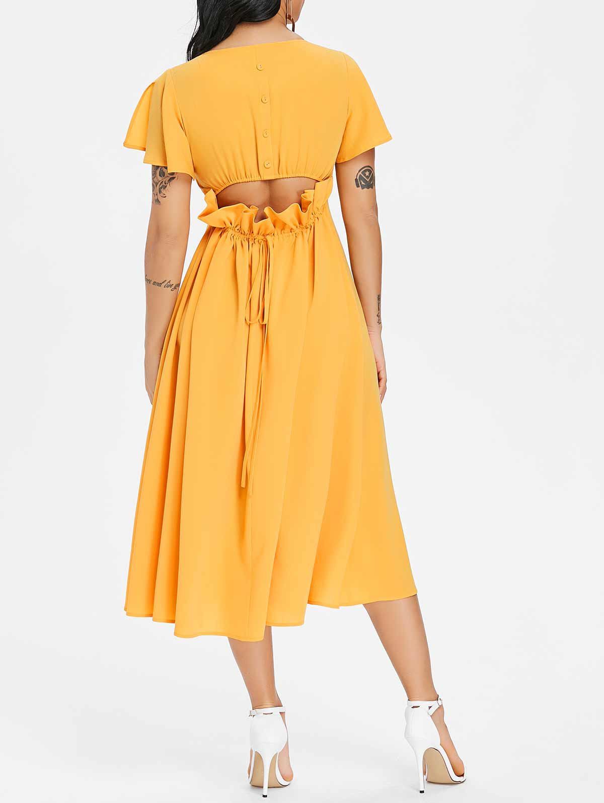 

Button Drawstring Cut Out Chiffon Midi Dress, School bus yellow