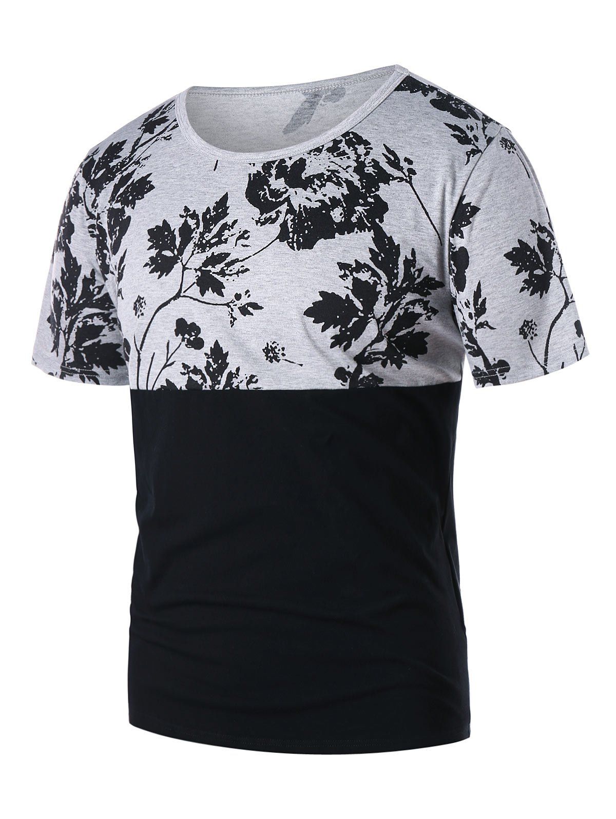 

Panel Flower Print Crew Neck T-shirt, Black