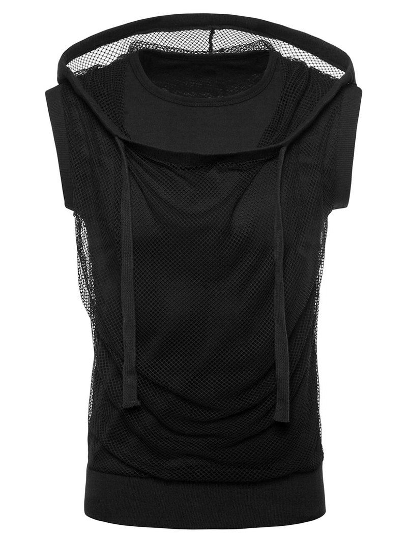 

Mesh Hip-hop Drawstring Hoodie T-shirt, Black