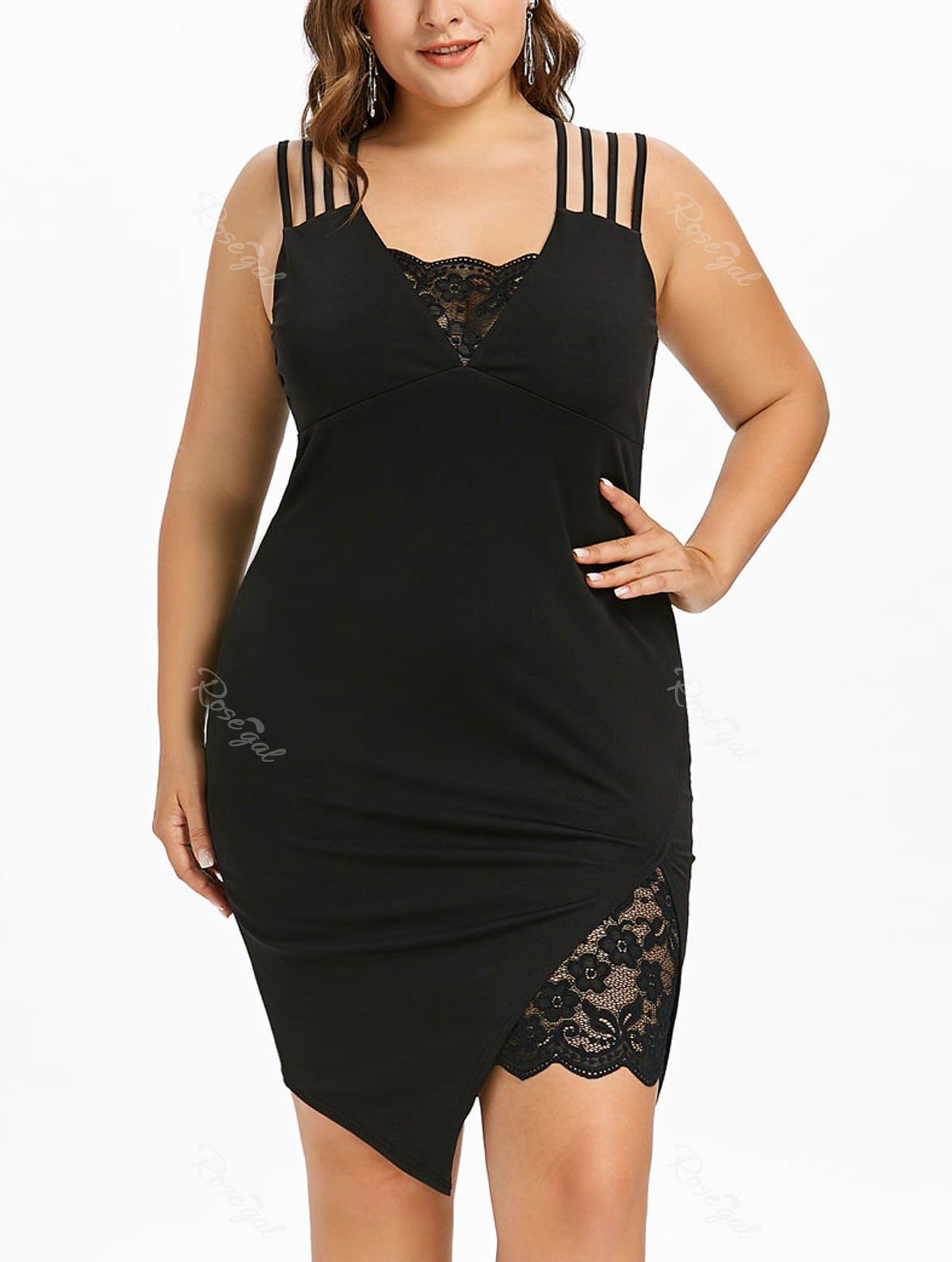 

Plus Size Asymmetric Knee Length Strappy Dress, Black