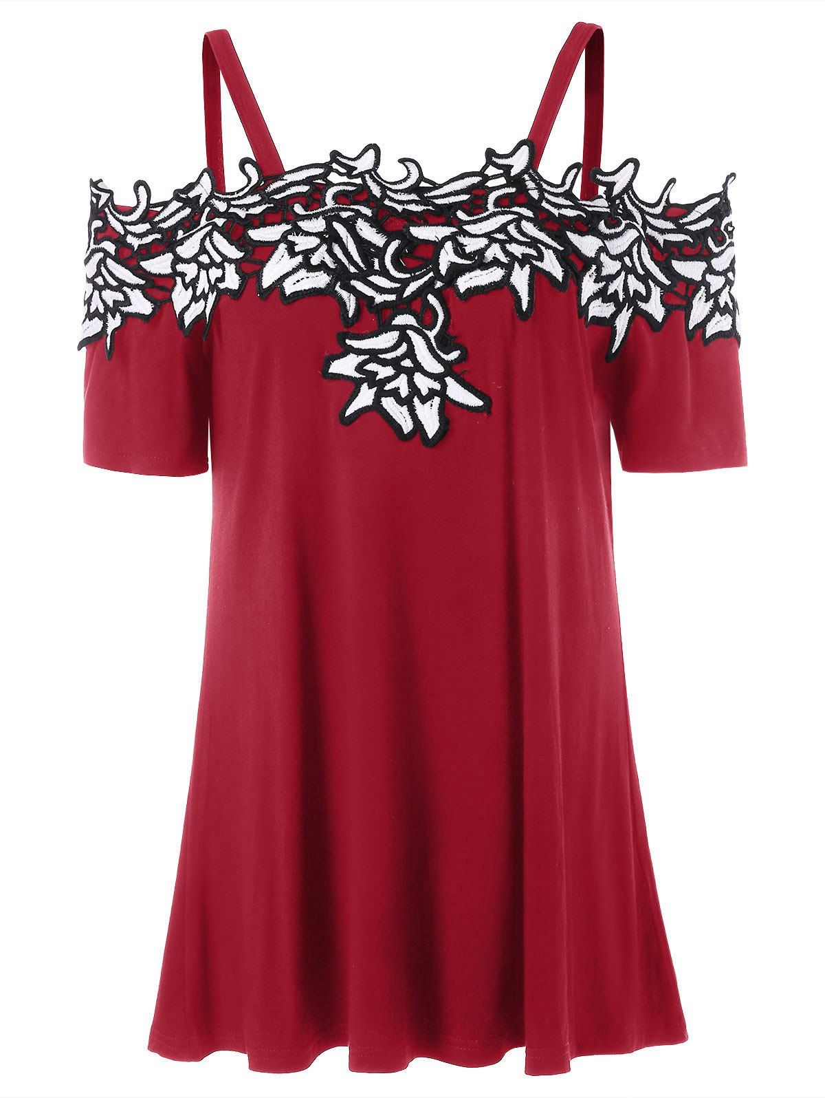 

Cold Shoulder Contrast Lace Applique T-shirt, Red