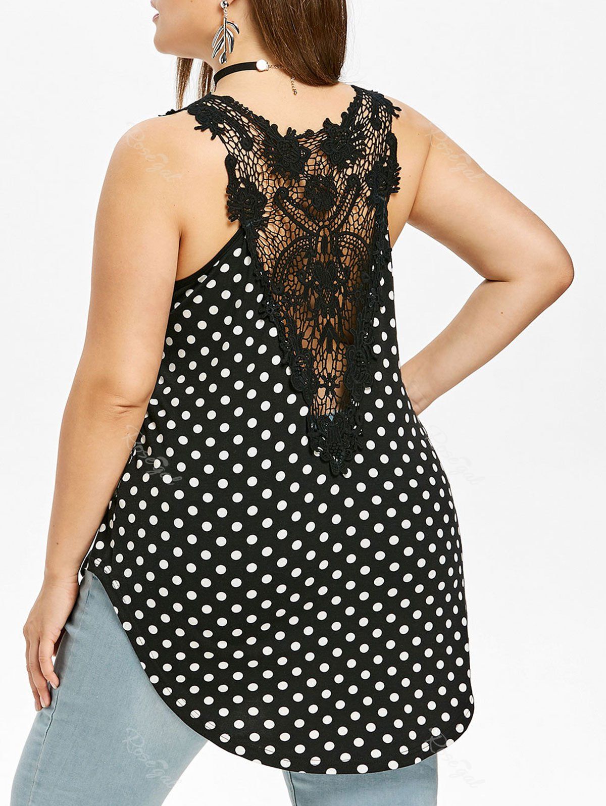 

Plus Size Lace Trim Polka Dot Tank Top, Black