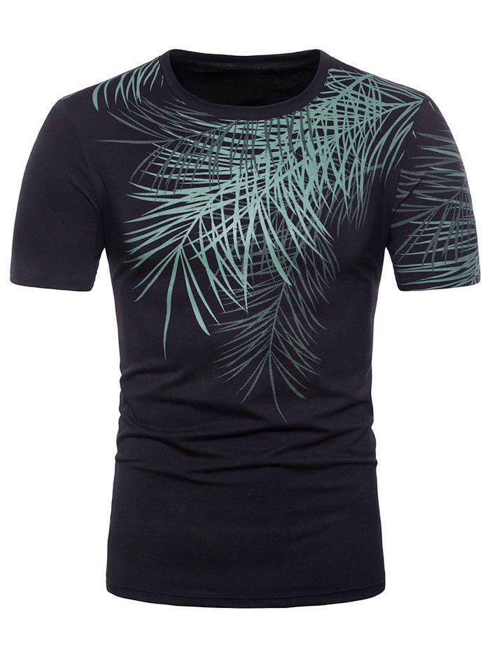 

Crew Neck Bamboo Leaf Printed T-shirt, Black