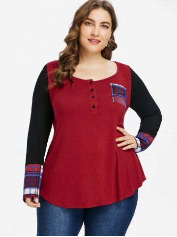 

Plus Size Plaid Panel Pocket T-shirt, Red wine