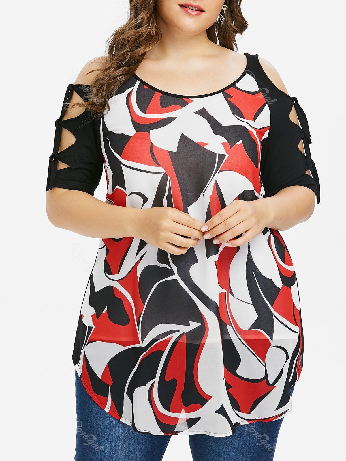 

Plus Size Abstract Print Cut Tie Sleeve T-shirt, Multi