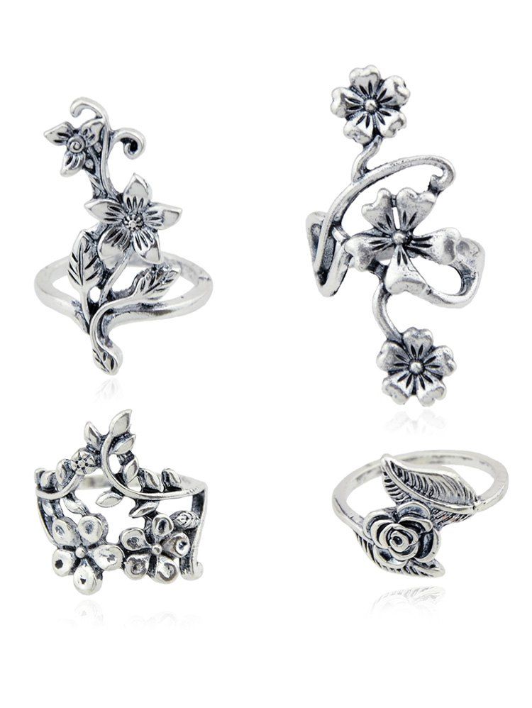 

Set of 4Pcs Carving Floral Decorative Ring Collcetion, Silver