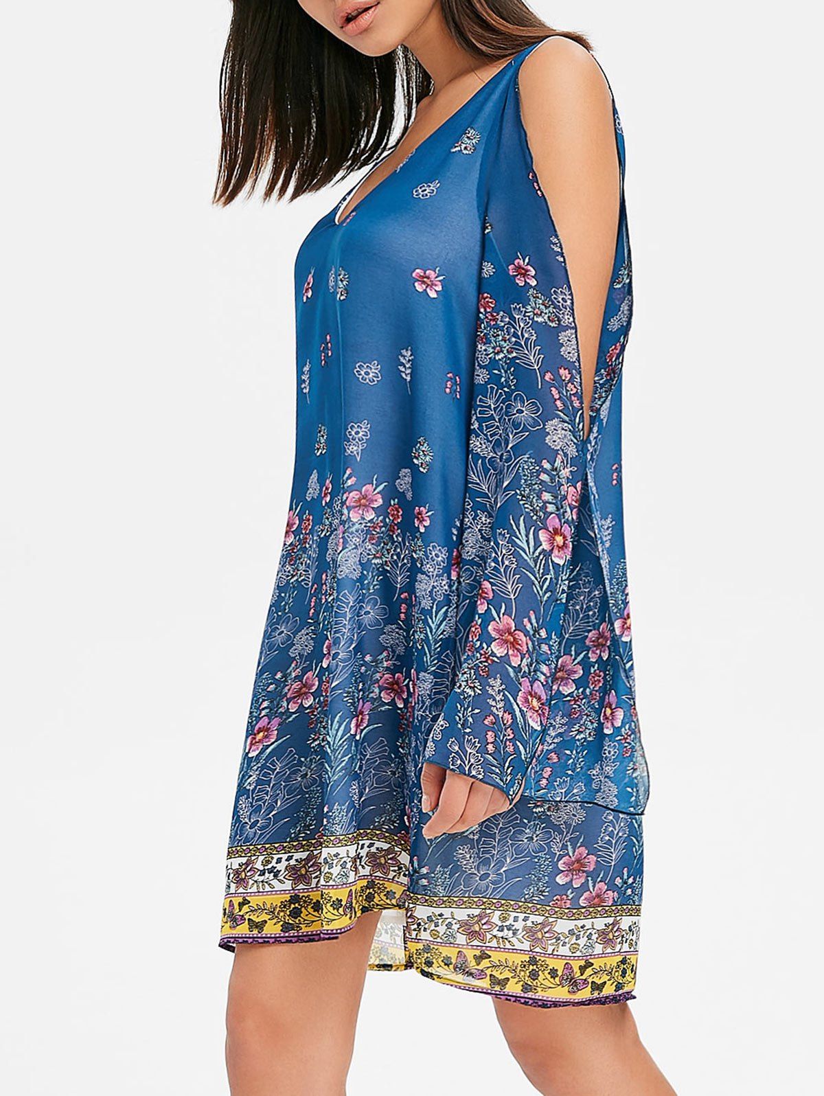 

V Neck Split Sleeve Floral Chiffon Dress, Blue