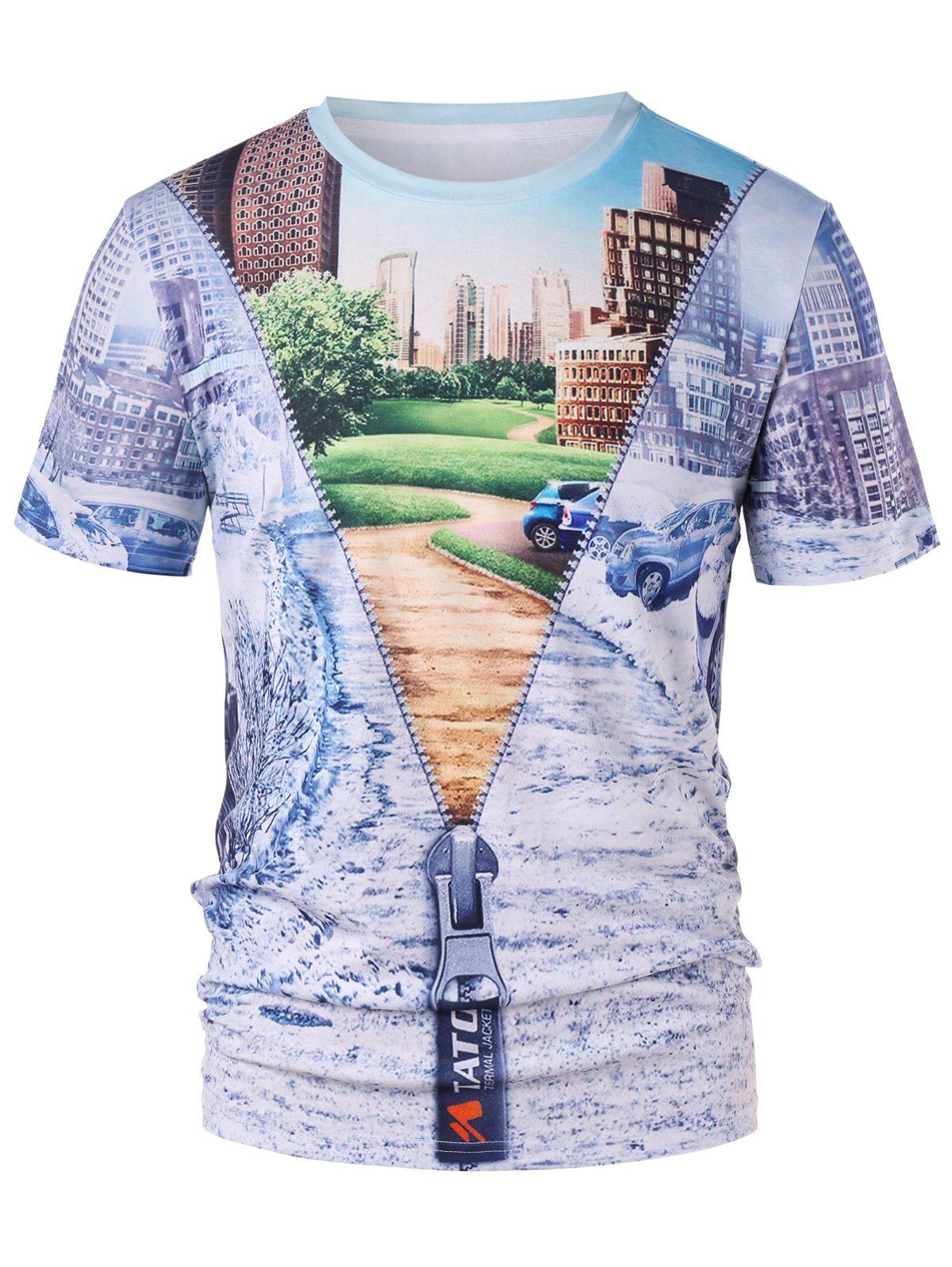 

Fake Zipper Buildings Print Short Sleeve T-shirt, White