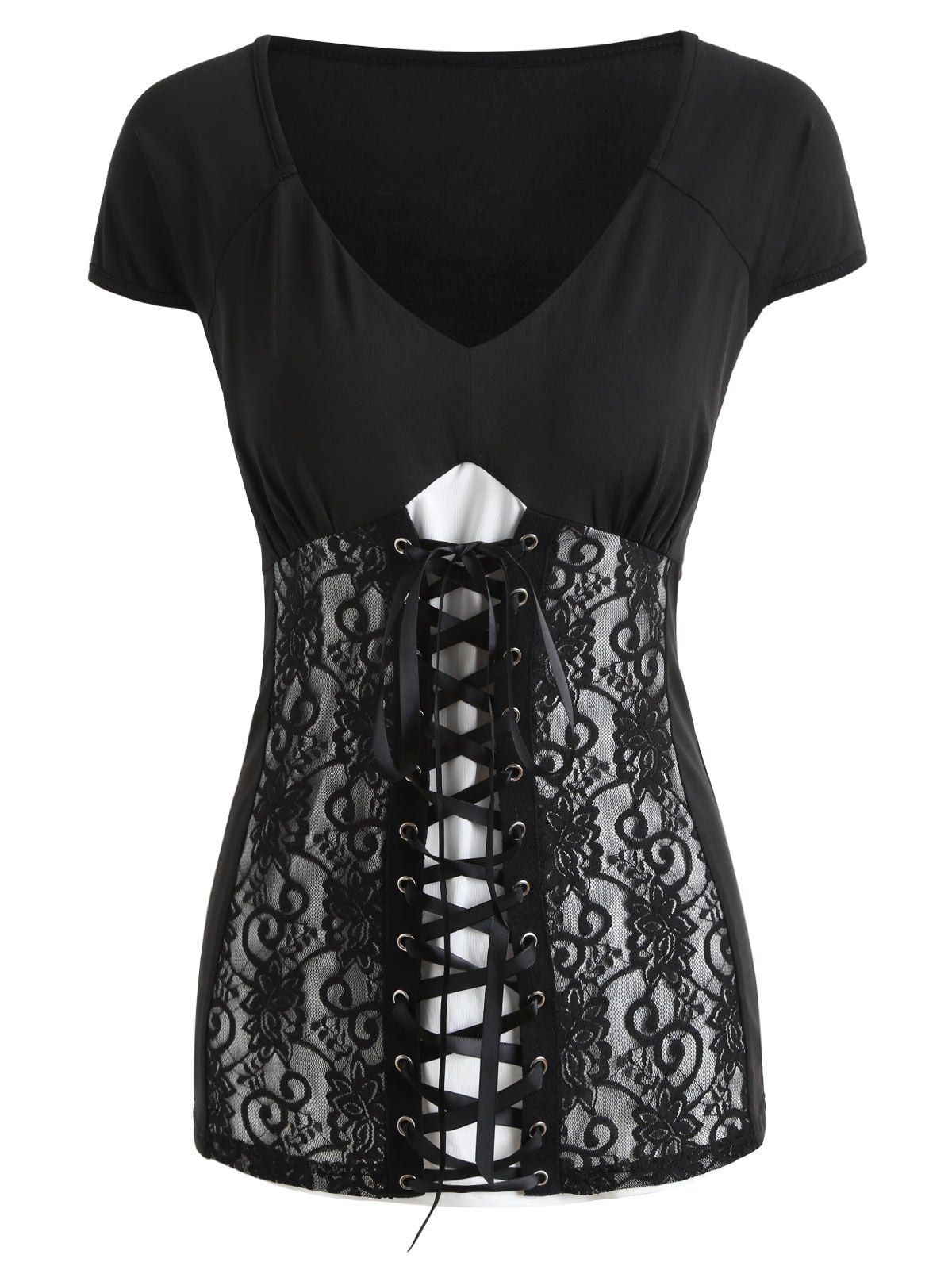 

Lace Panel Criss Cross Short Sleeve T-shirt, Black