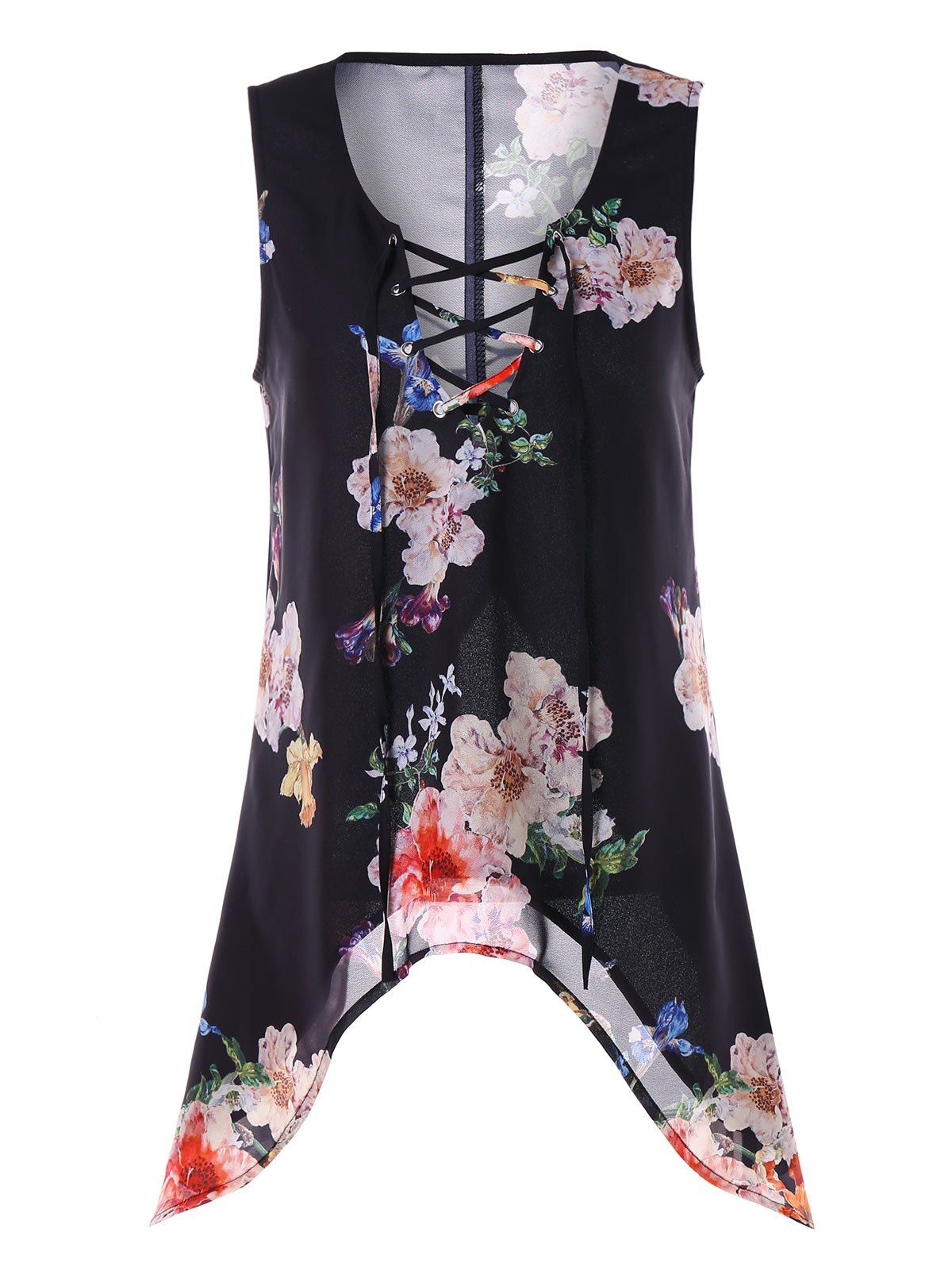 Lace Up Floral Print Chiffon Tank Top, Black