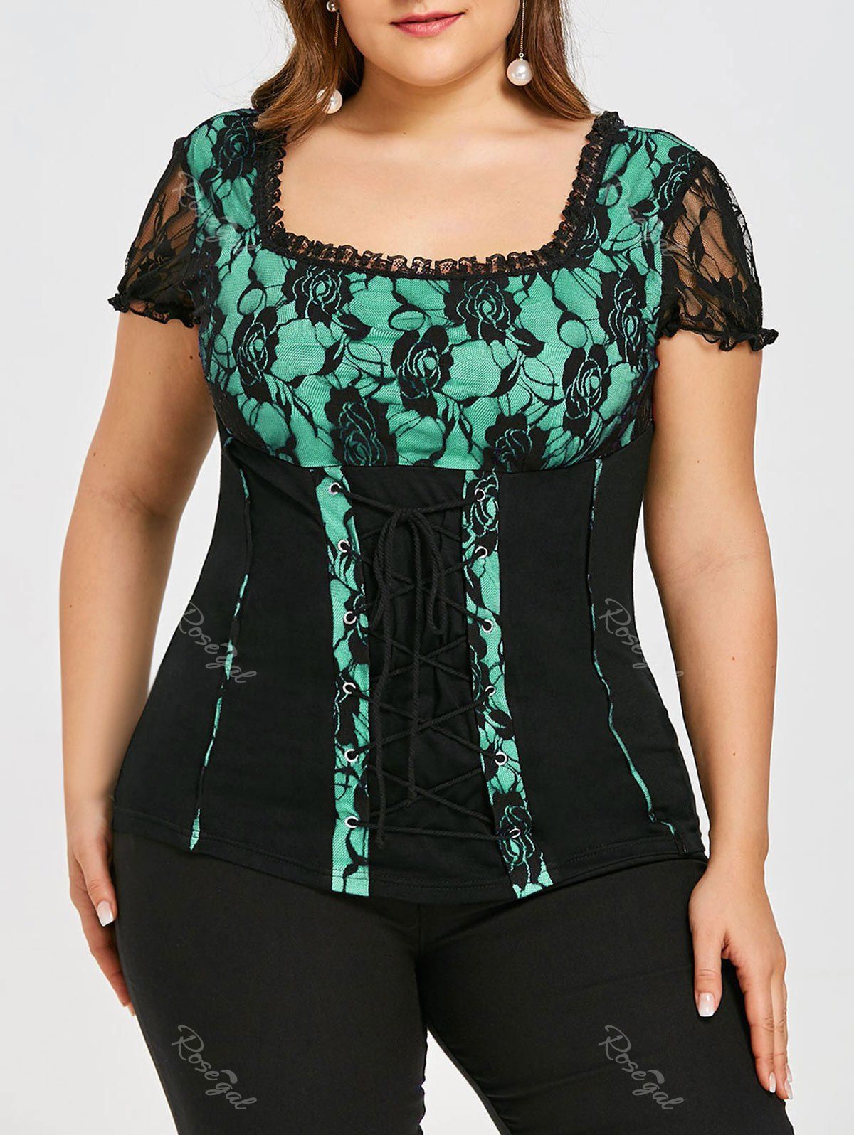 

Plus Size Lace Up Square Neck T-shirt, Light sea green