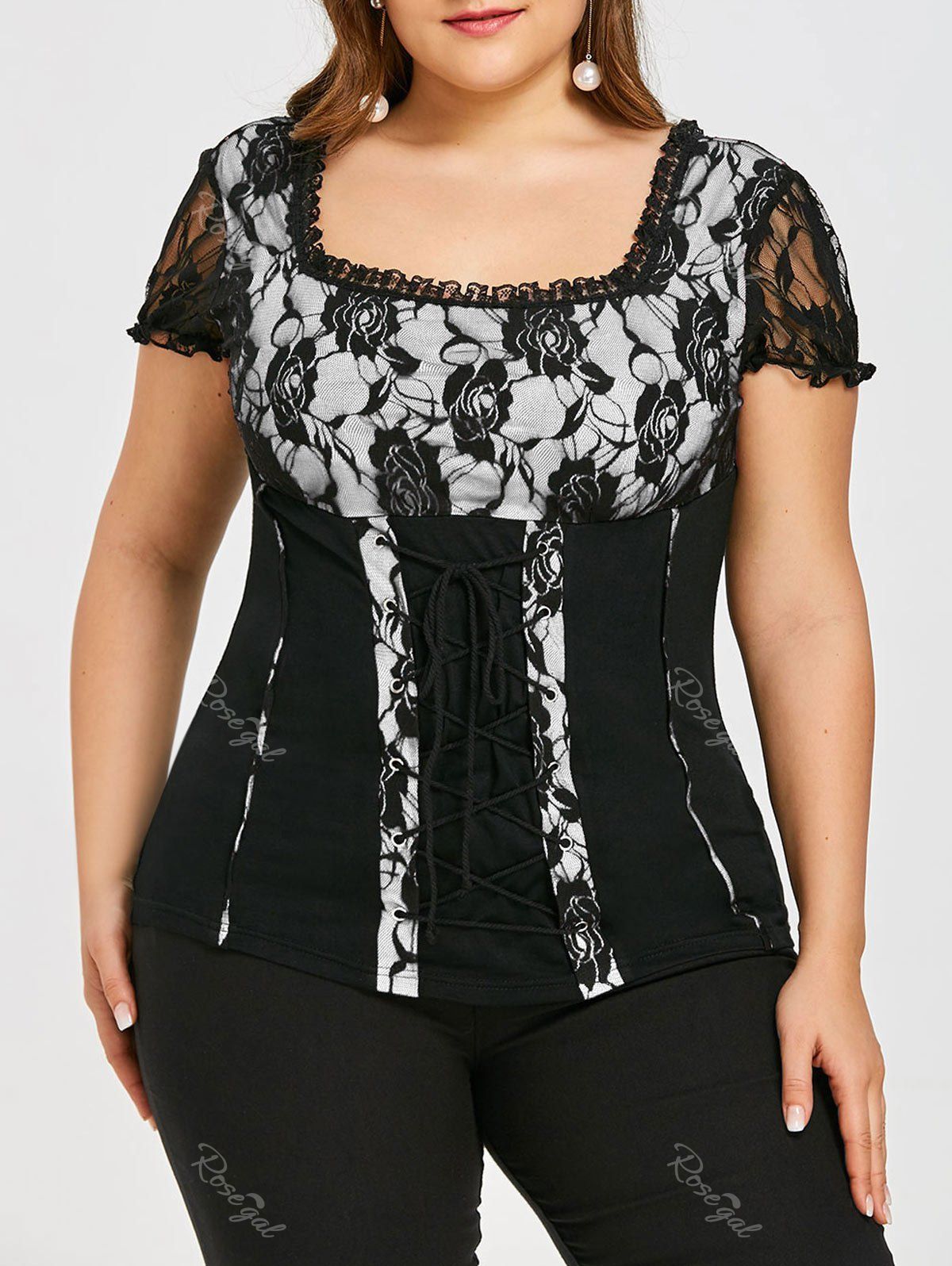 

Plus Size Lace Up Square Neck T-shirt, White