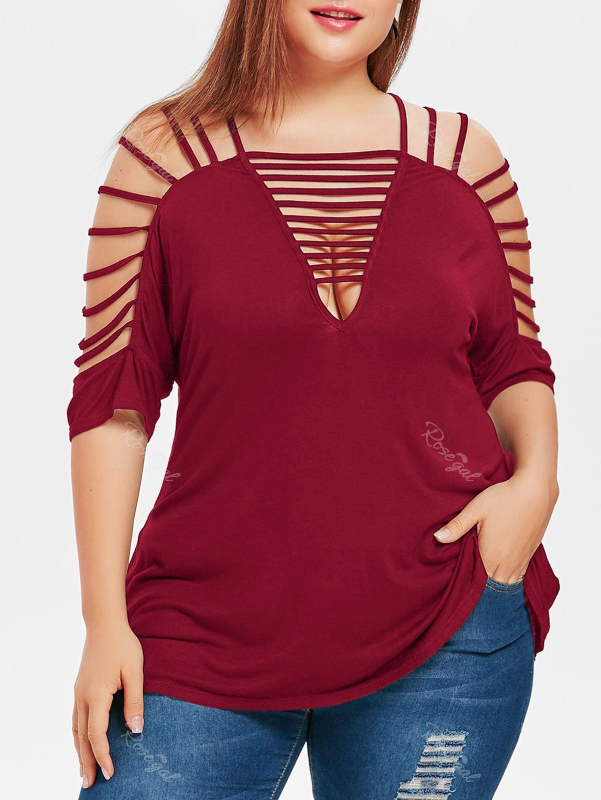 

Plus Size Plunging Neck Ladder Cut T-shirt, Red wine