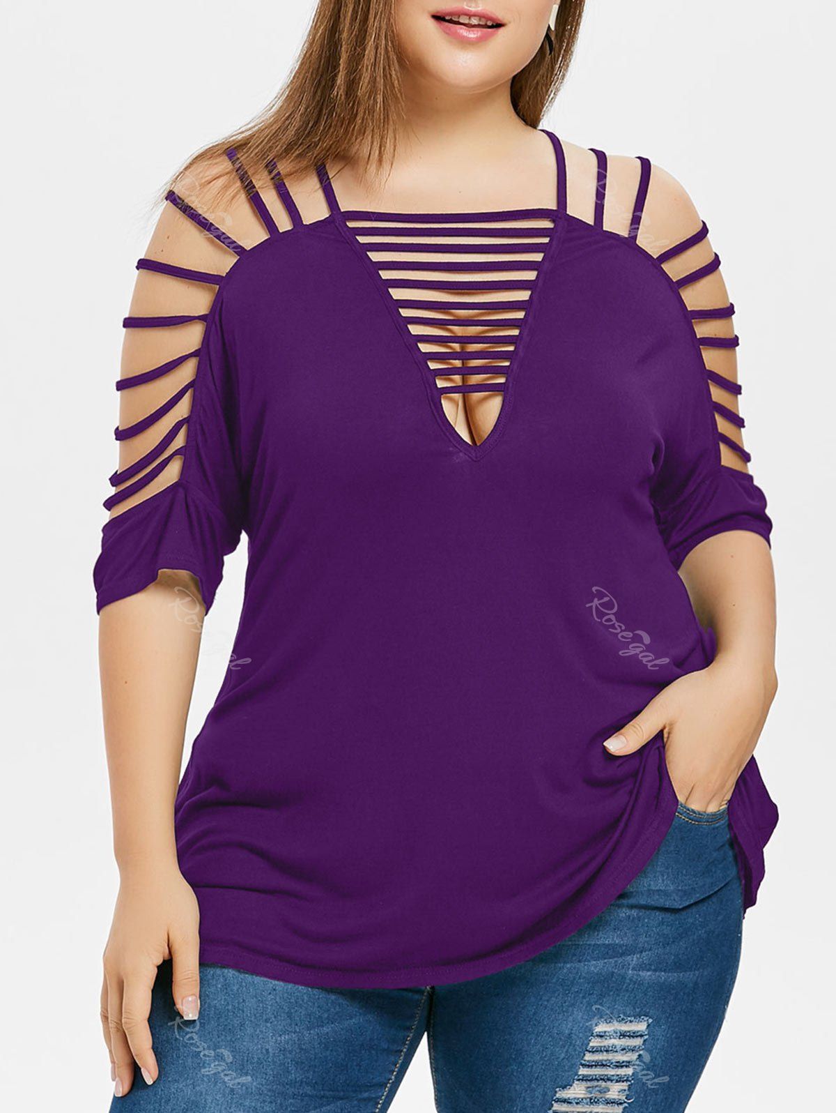 2019 ladder cut out plus size printed t shirt