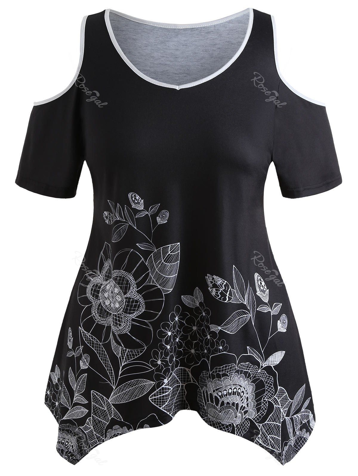 

Handpainted Flower Plus Size Cold Shoulder T-shirt, Black