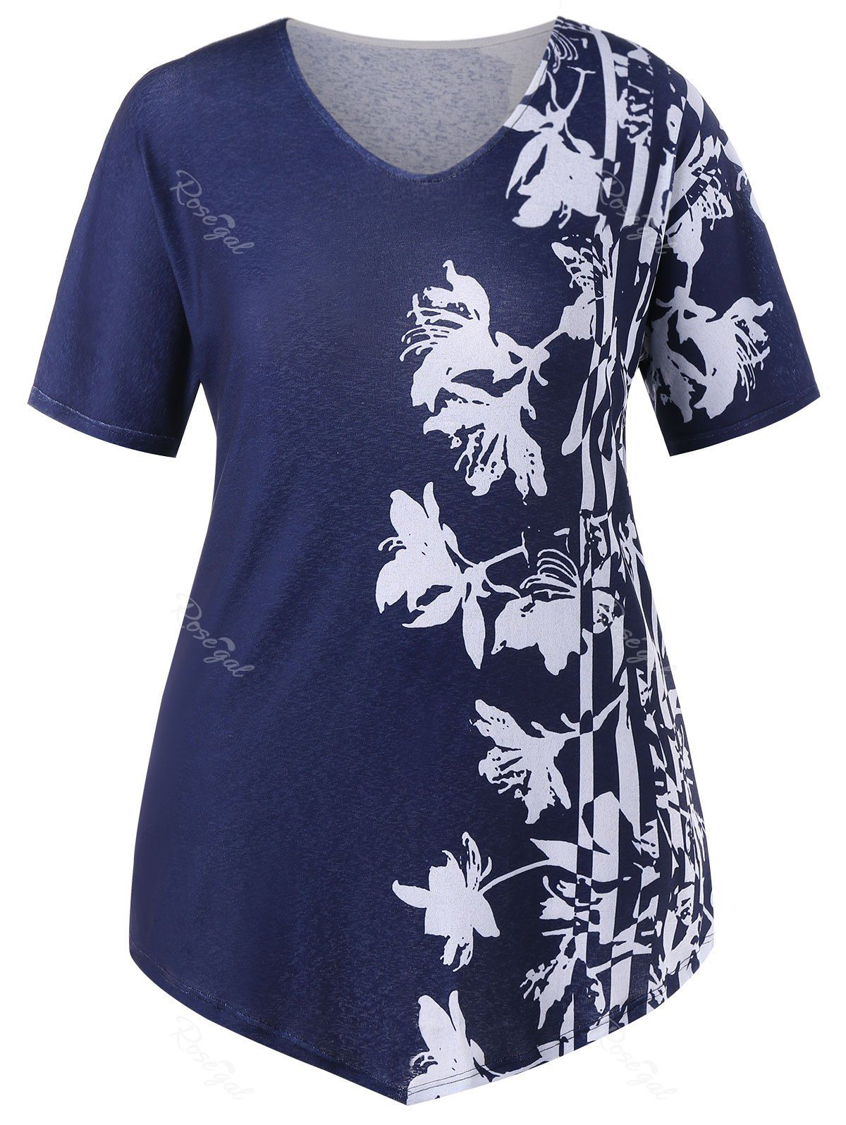 

Plus Size V Neck Floral T-shirt, Midnight blue