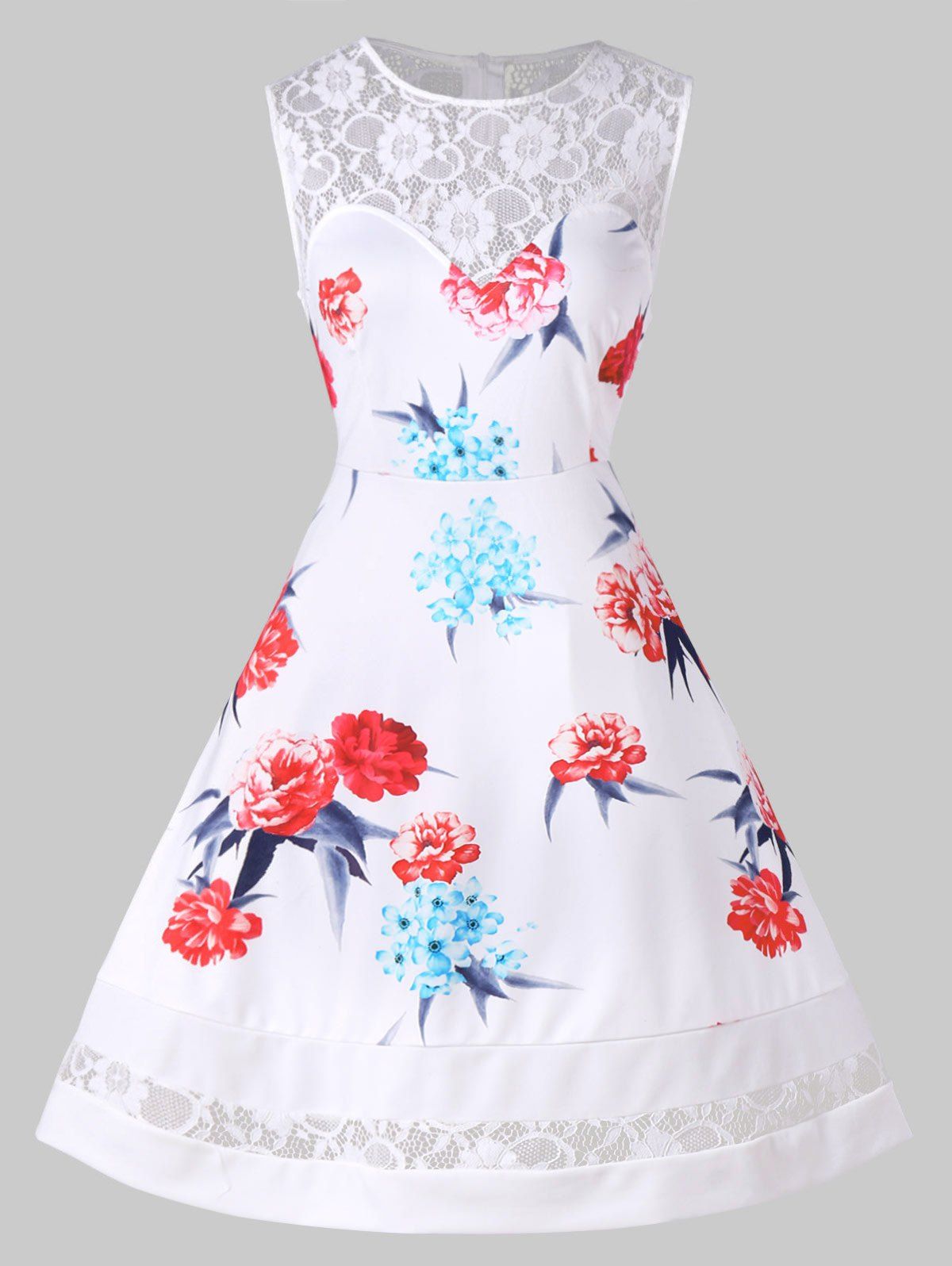 

Retro Lace Panel Floral Flare Dress, White