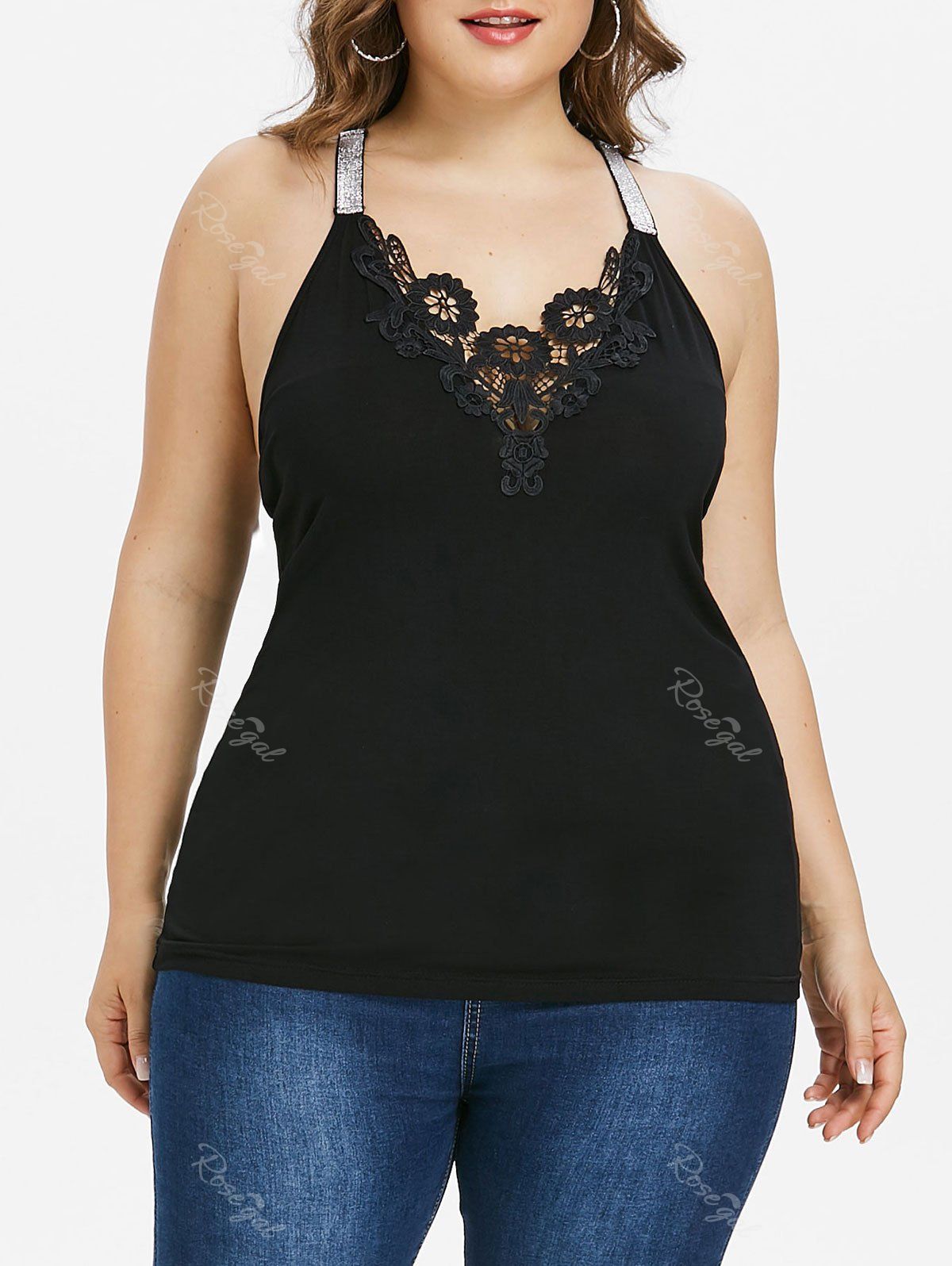 

Plus Size Racerback Glittery V Neck Tank Top, Black