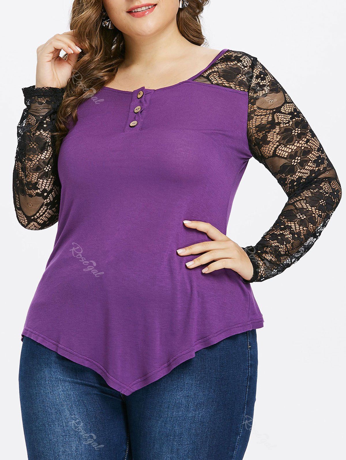 

Plus Size Asymmetric Lace Sleeve Blouse, Purple