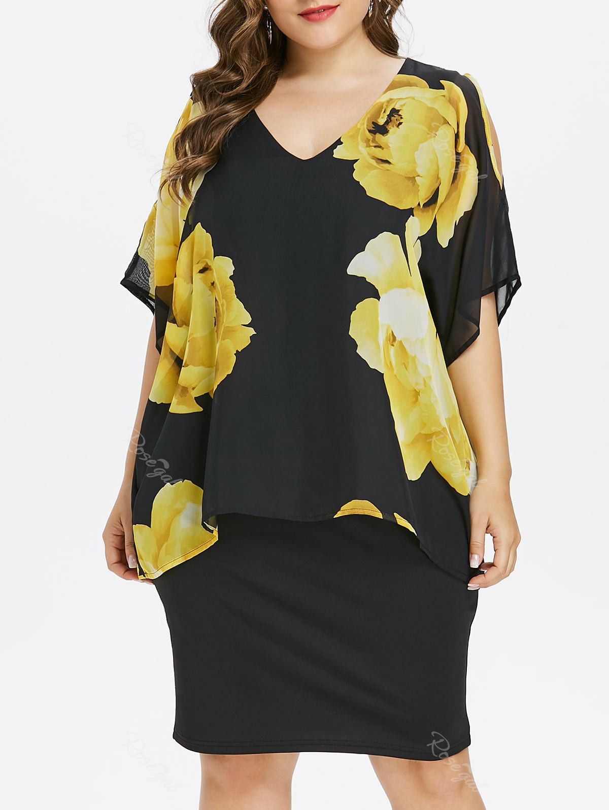 

Plus Size Cold Shoulder Floral Overlay Dress, Black