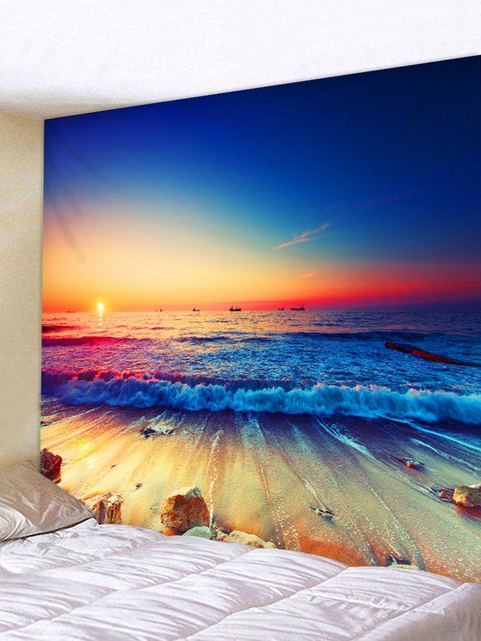 35 OFF Wall Hanging Art Sunset Ocean Wave Print Tapestry Rosegal   20180515181241 62953 