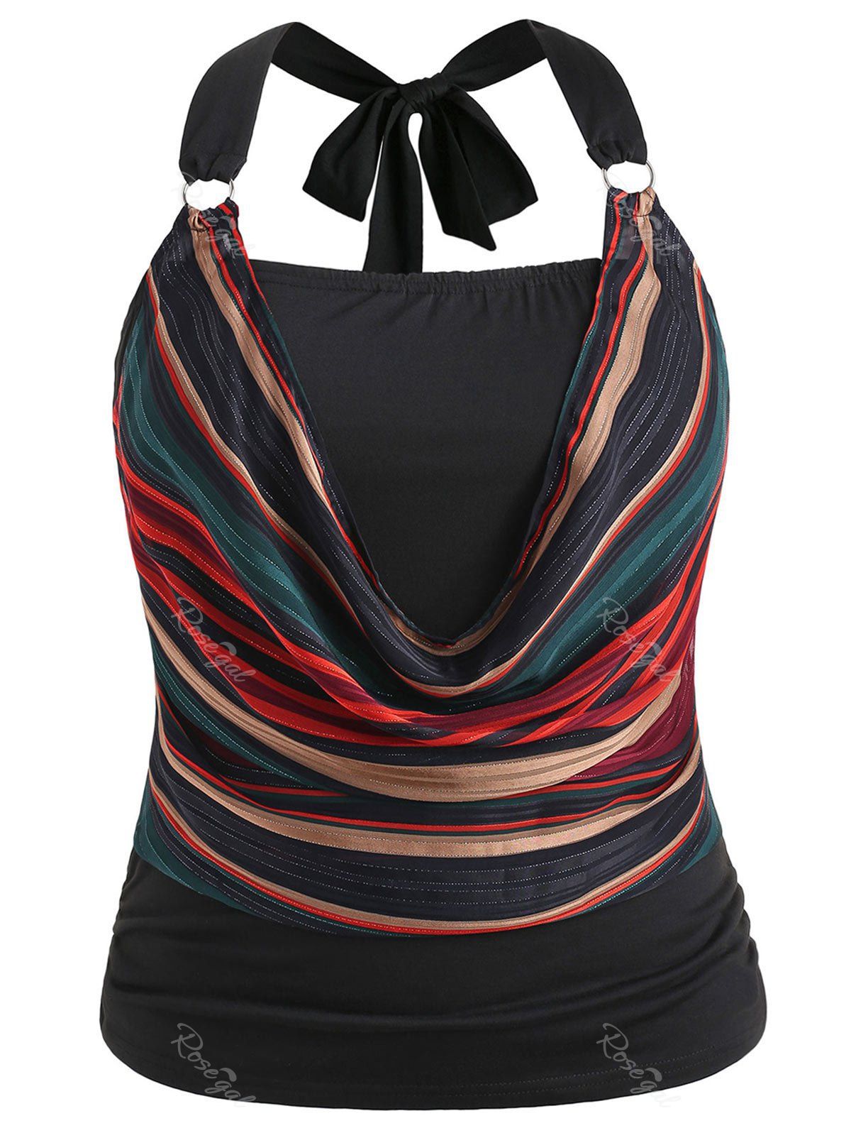 

Color Block Striped Plus Size Halter Top, Black