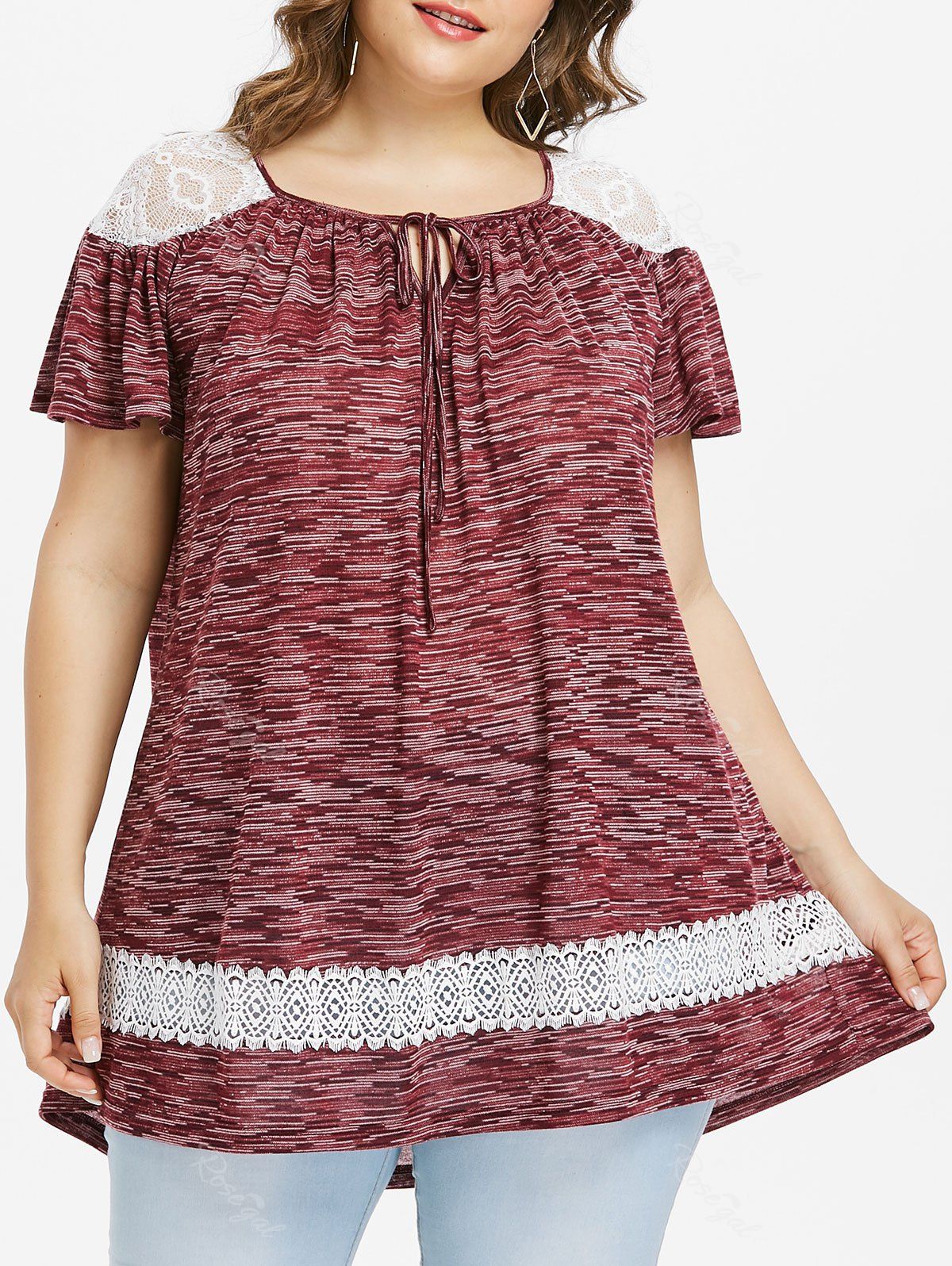 

Plus Size Marled Lace Panel Peasant T-shirt, Blood red