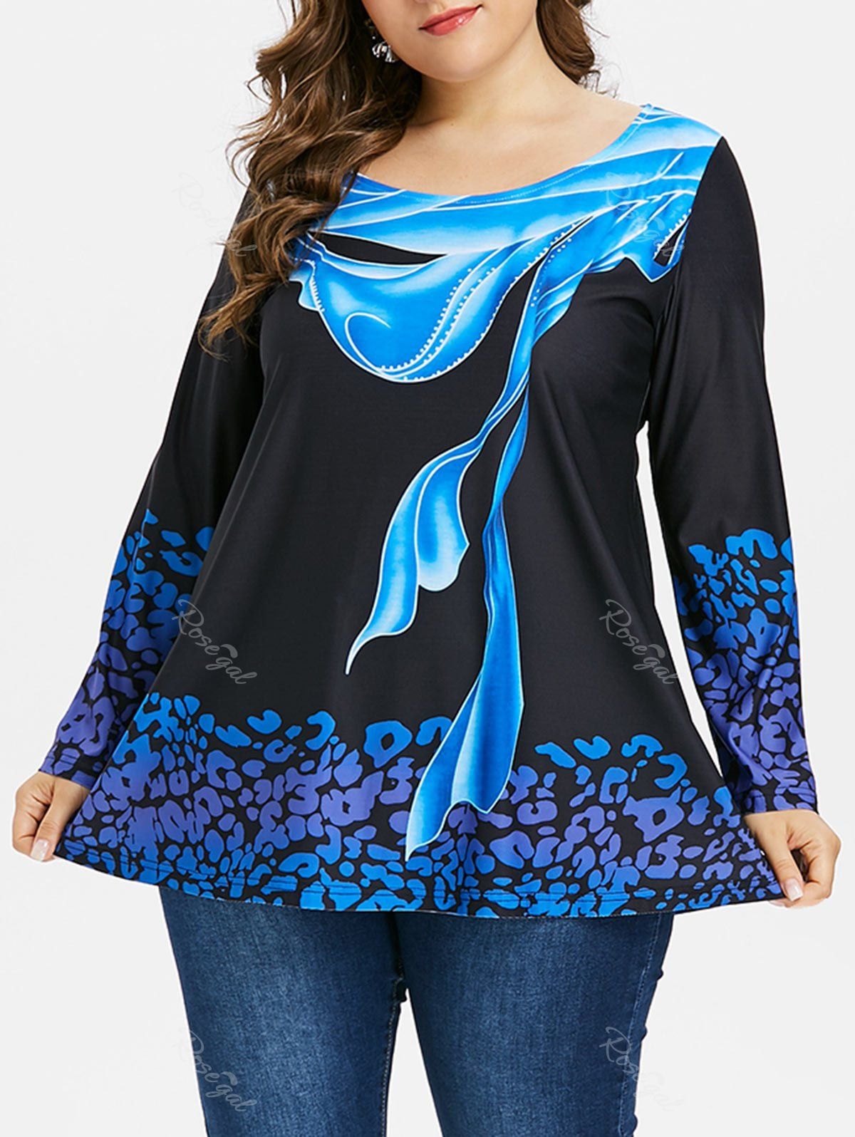 

Plus Size Abstract Print Long Sleeve T-shirt, Black