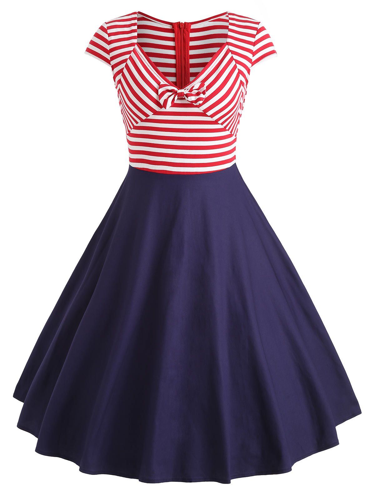 

Vintage V Neck Stripe Swing Dress, Navy blue