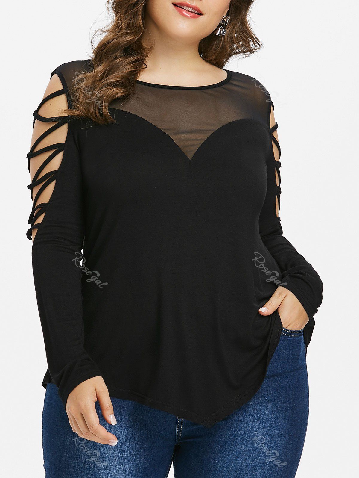 

Plus Size Cross Sleeve Mesh Yoke Top, Black