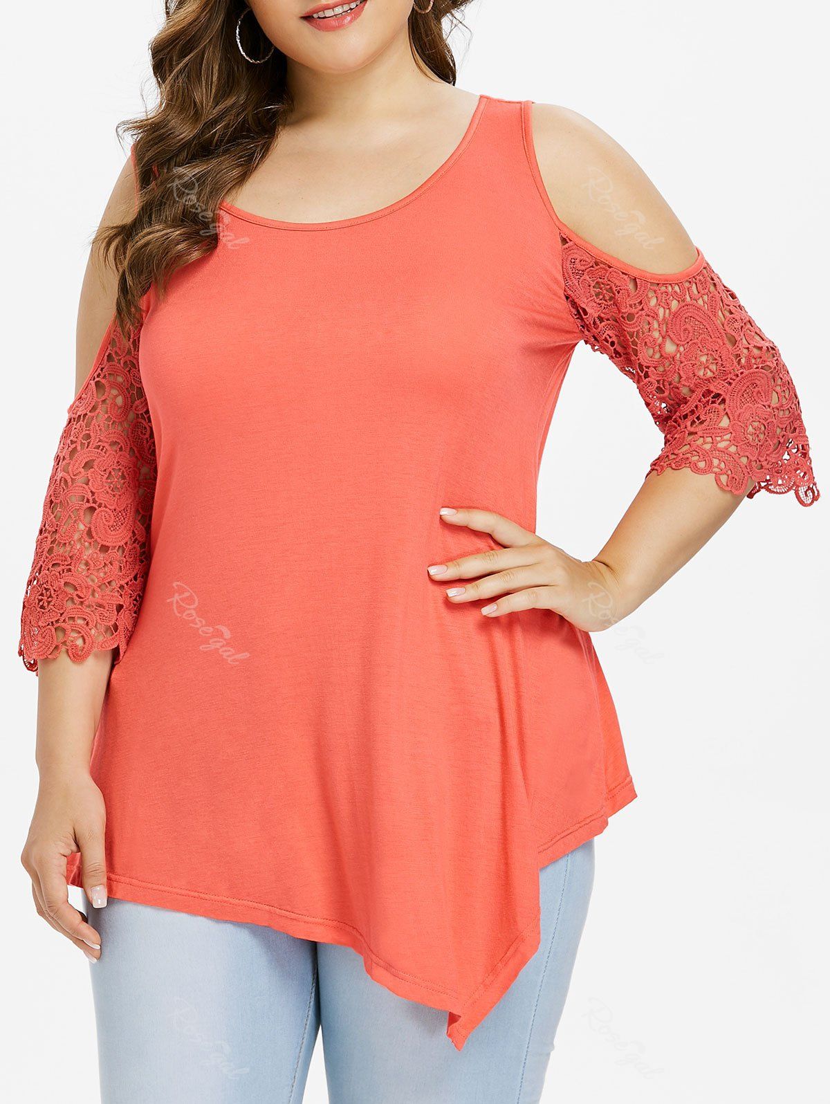 

Plus Size Lace Cold Shoulder Asymmetric Blouse, Orange