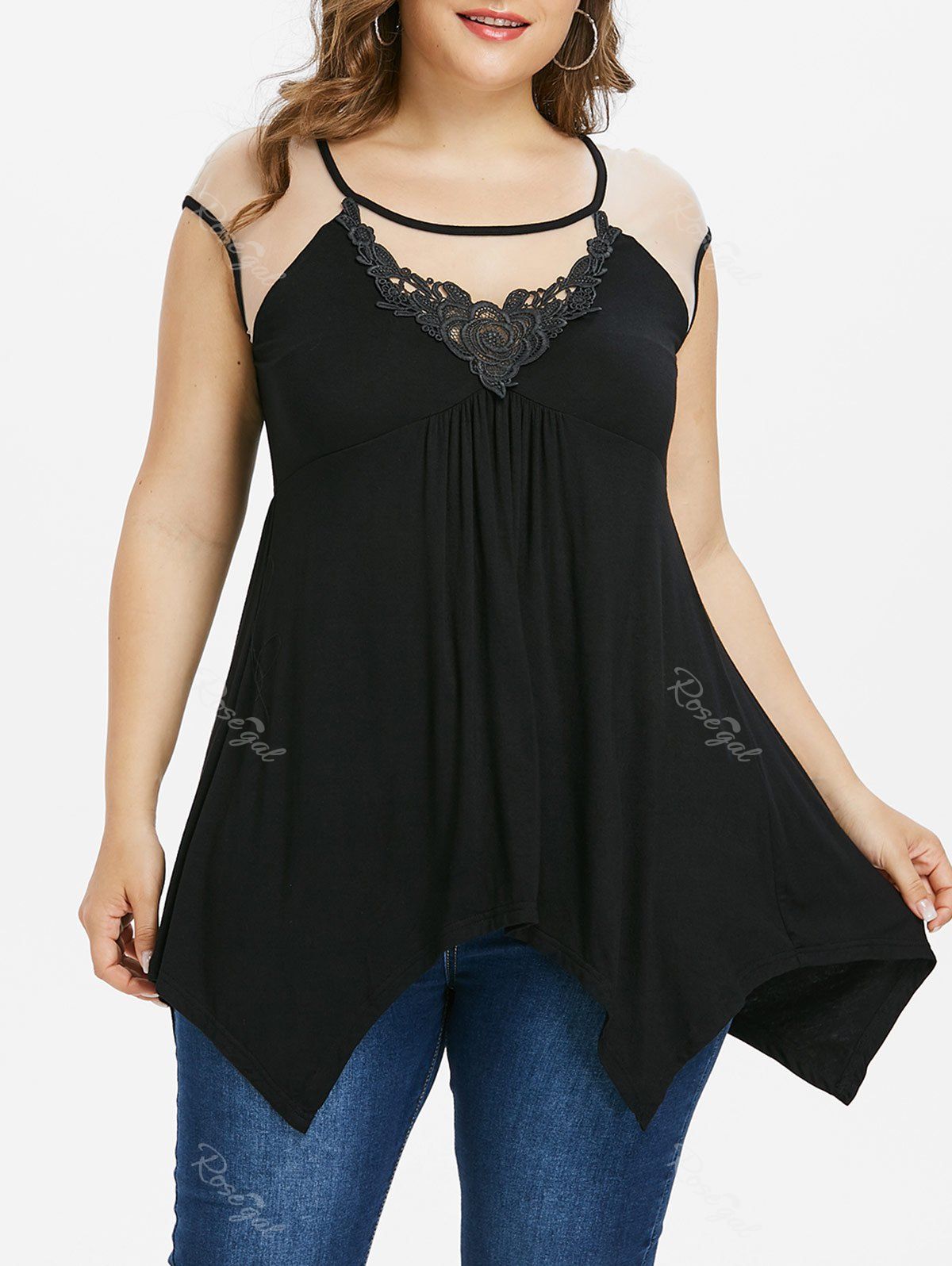 

Plus Size Sheer Handkerchief Tank Top, Black