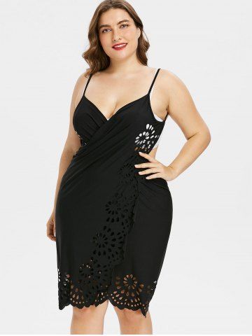 

Plus Size Openwork Floral Slip Cover Up Dress, Black