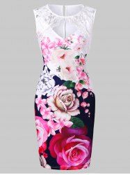 Keyhole Lace Panel Floral Print Dress -  