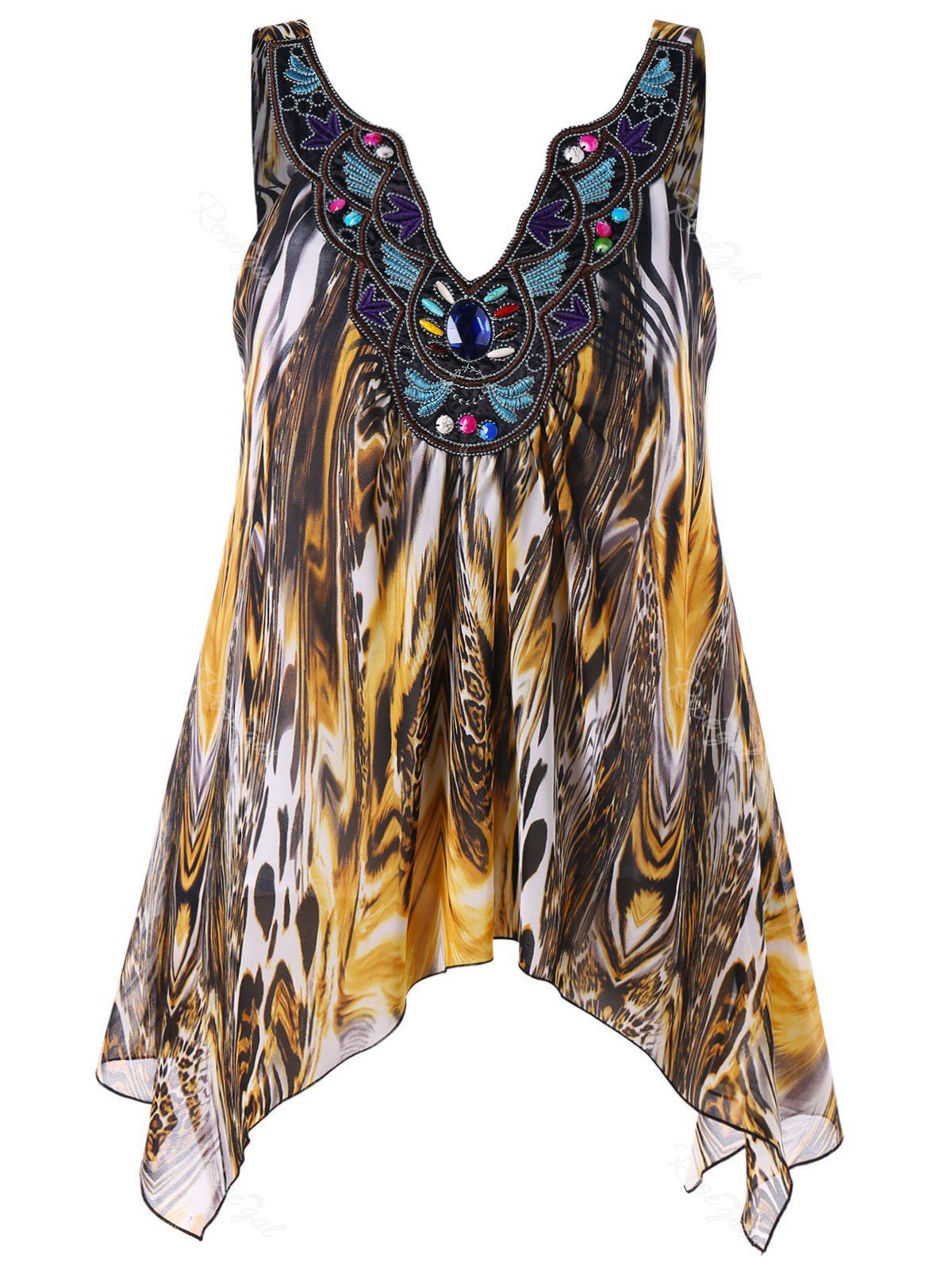 

Plus Size Embroidery V Neck Leopard Tank Top