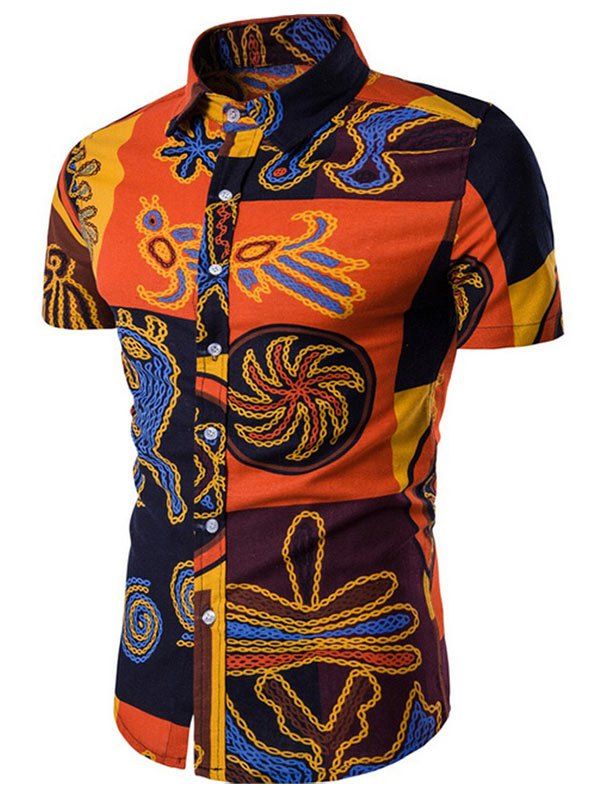 

Ethnic Tribal Print Short Sleeve Breathable Shirt, Dark orange