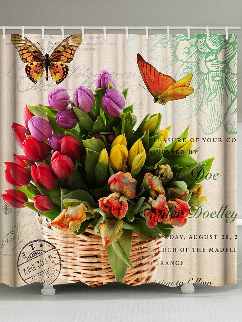 

Butterfly and Flowers Print Waterproof Bathroom Shower Curtain, Multi