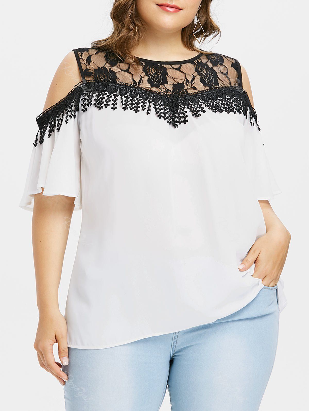 

Cold Shoulder Plus Size Lace Panel Blouse, White