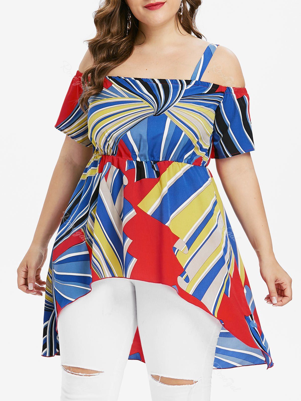 

Open Shoulder Plus Size High Low Blouse, Multi